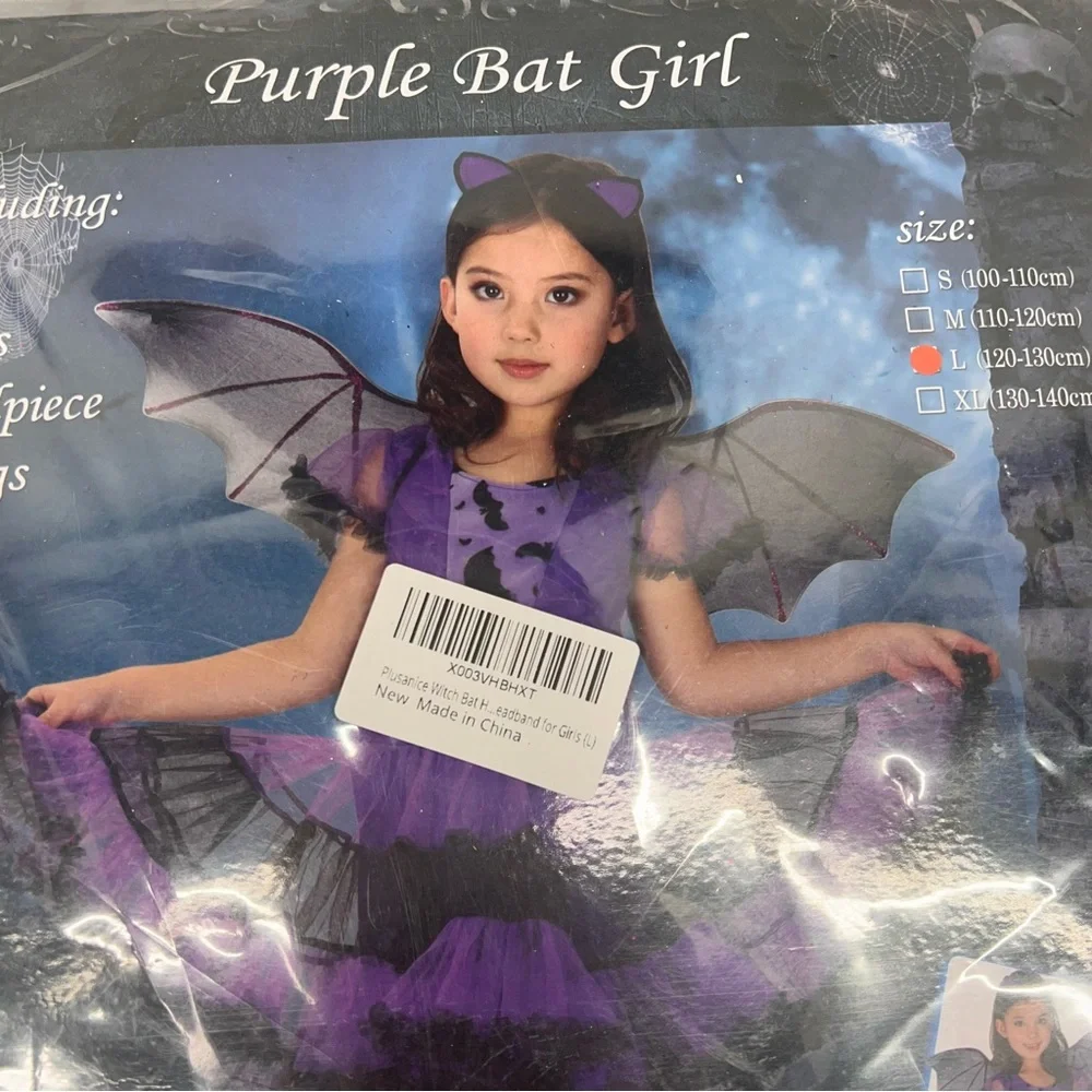 NWT Girls Bat Witch Costume Halloween Cosplay Fancy Dress Up‎ with Bat Wings L